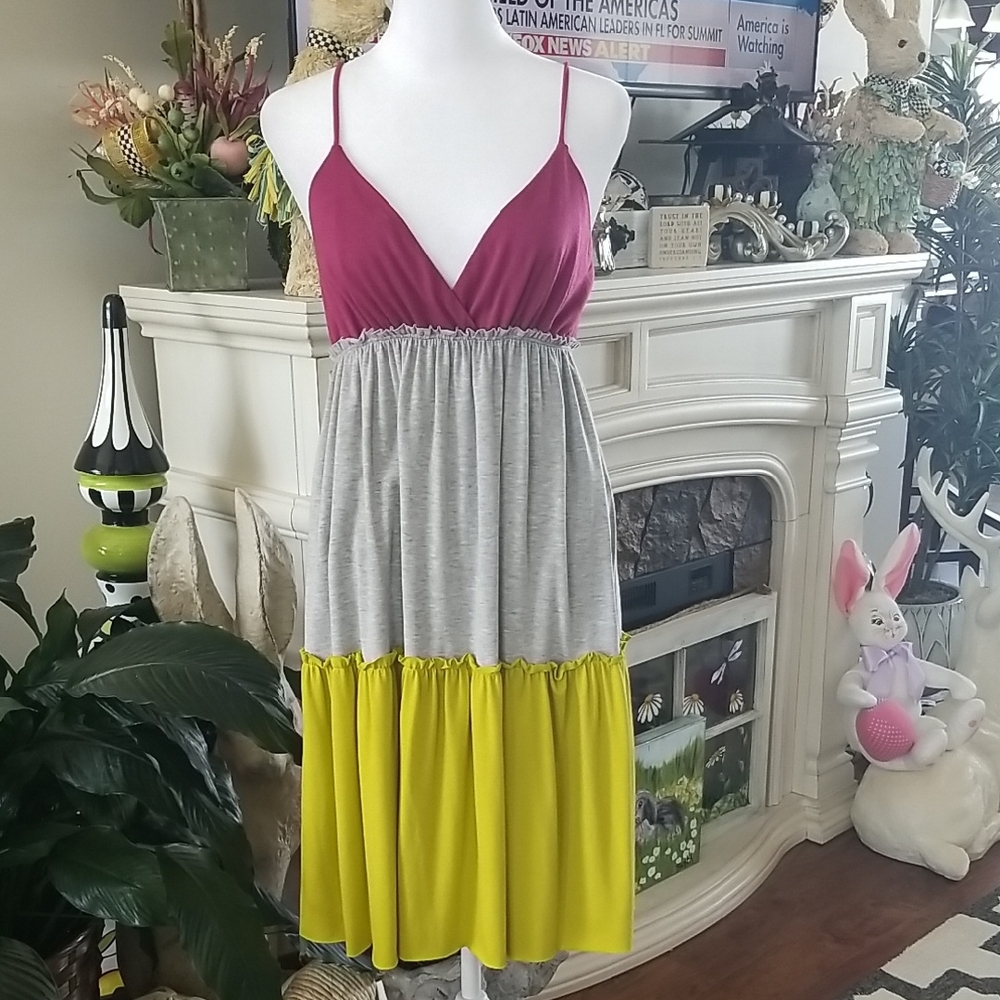 Velvet Torch Magenta, Gray & Yellow Tiered Sundress